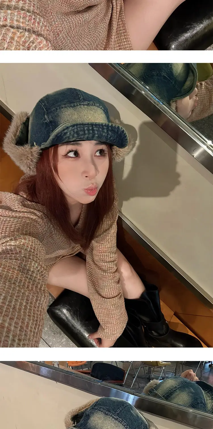 Winter Plush Ear Hats for Men Women Retro Denim Cap — feature 5