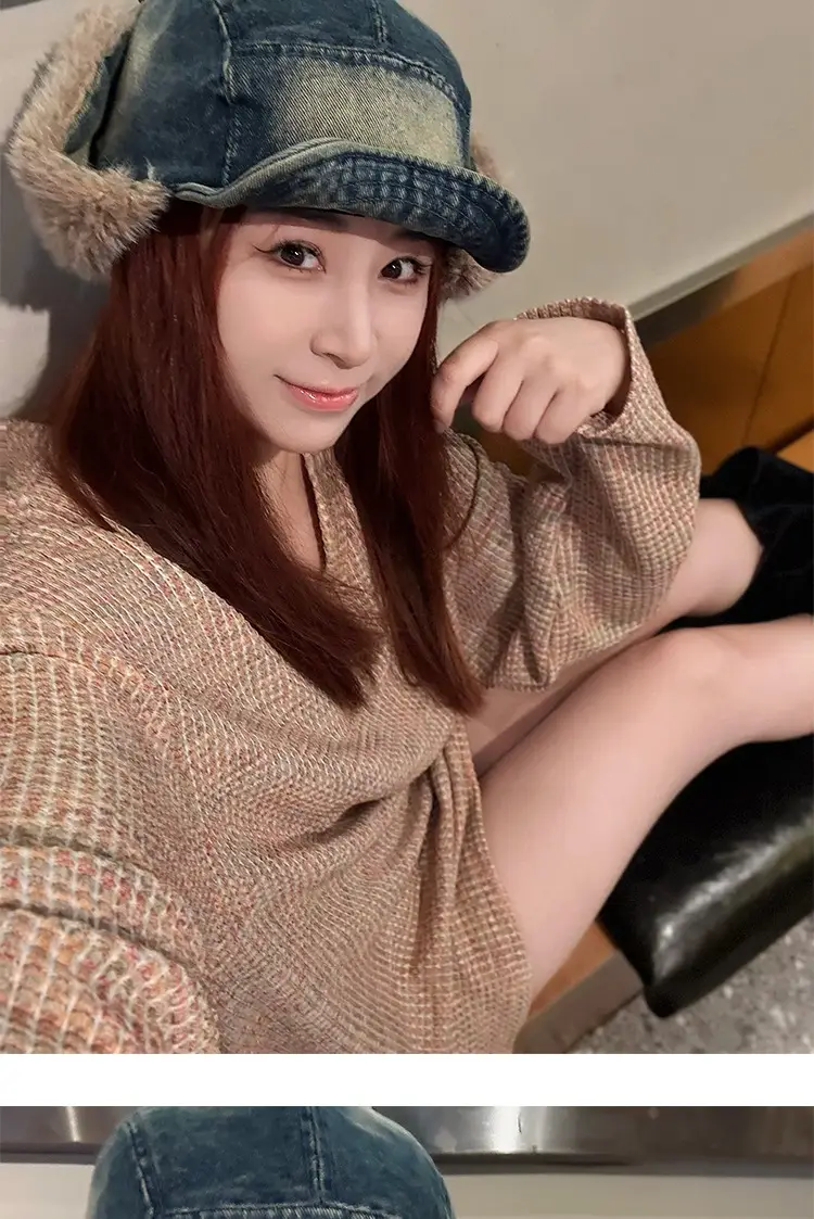 Winter Plush Ear Hats for Men Women Retro Denim Cap — feature 9