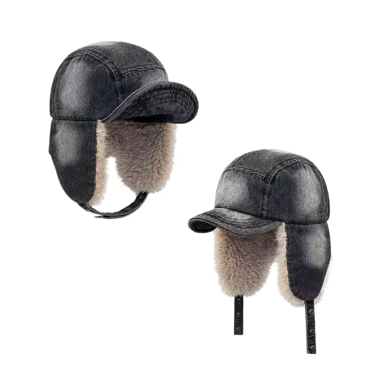 Winter Plush Ear Hats for Men Women Retro Denim Cap - Image 2