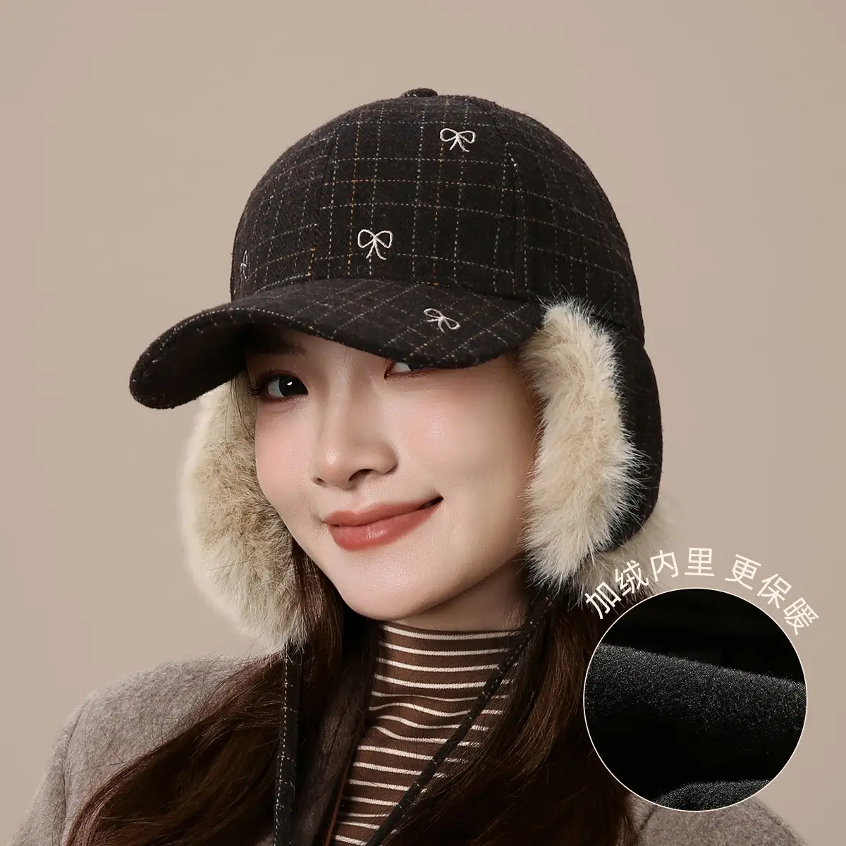Women Wool Plaid Ear Protection Cap Winter Warm