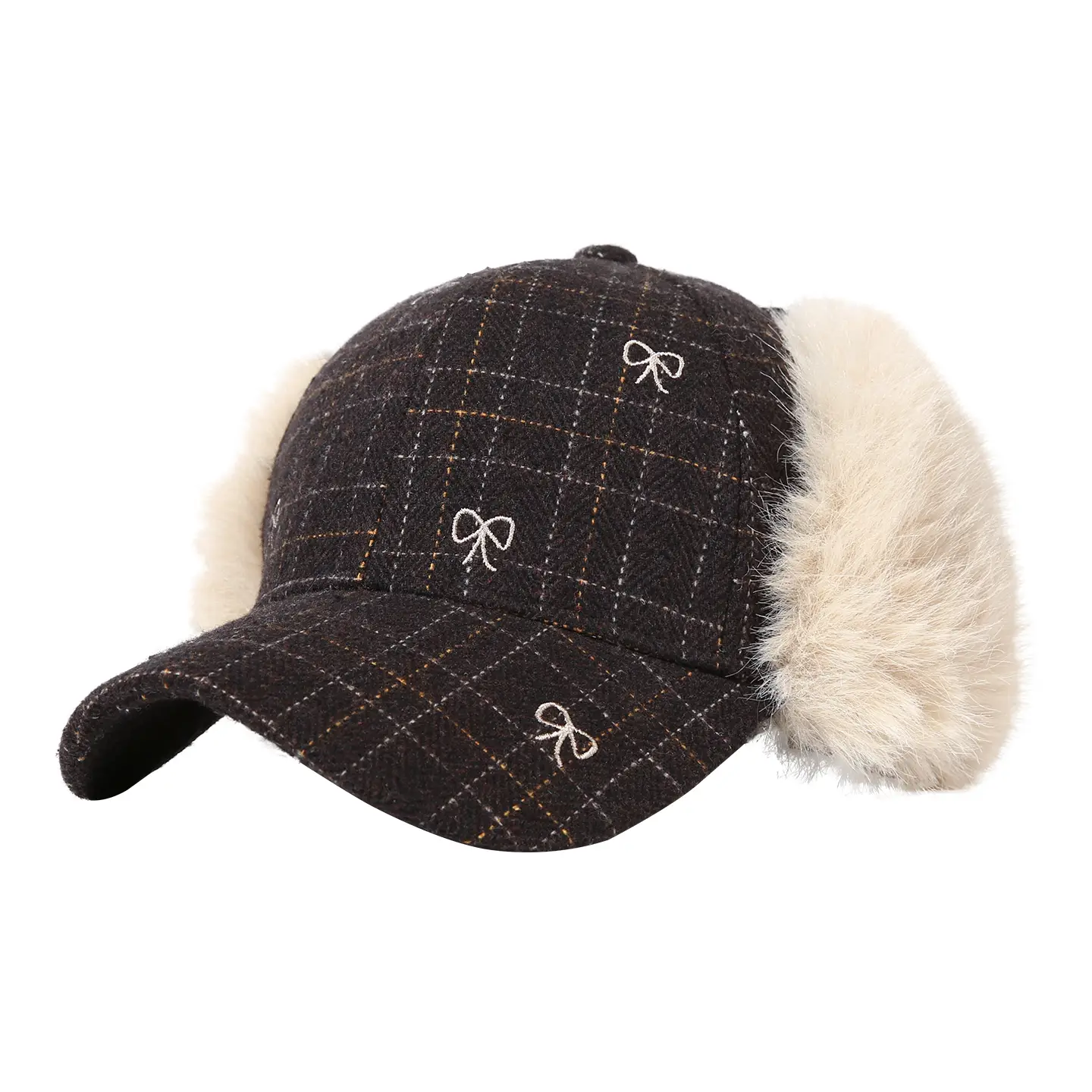 Women Wool Plaid Ear Protection Cap Winter Warm