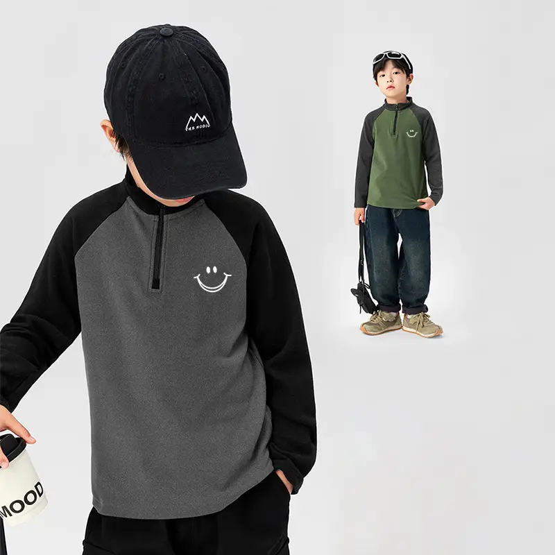 Autumn Winter Kids Velvet T-Shirt Green Black Zip Front