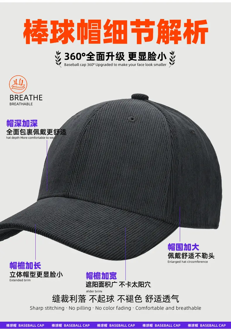Black Corduroy Baseball Cap for Men Winter Warm — feature 12