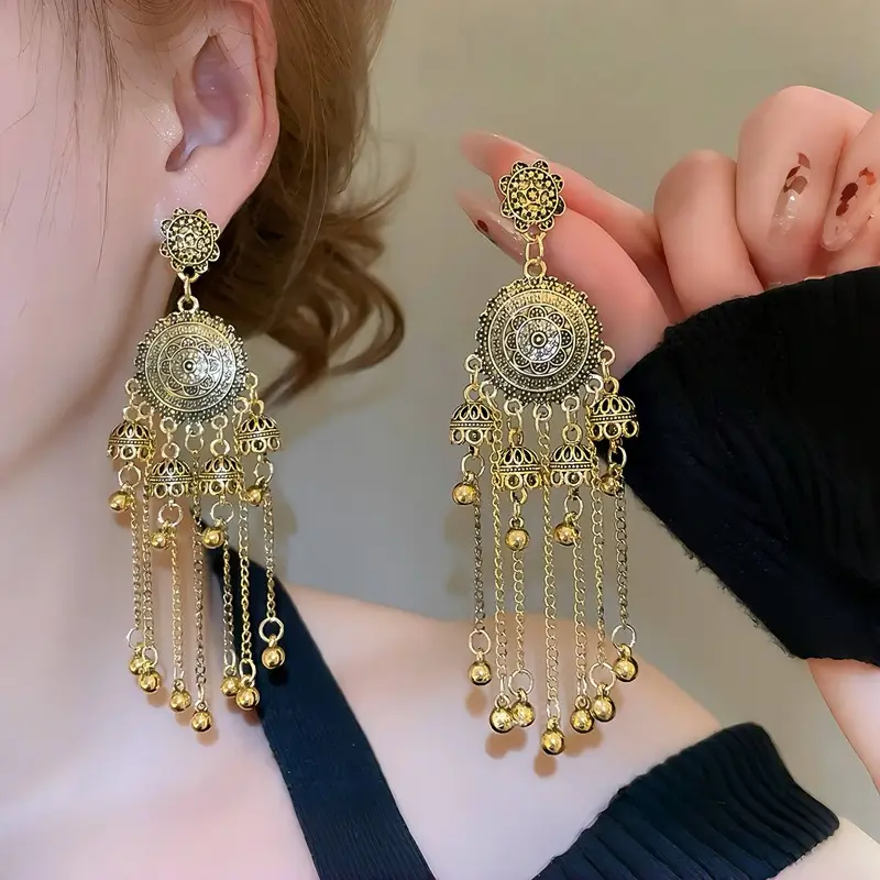Bohemian Retro Ethnic Style Palace Hong Kong Style Nostalgic Elegant Tassel Bell Pendant Earrings High-End Earrings