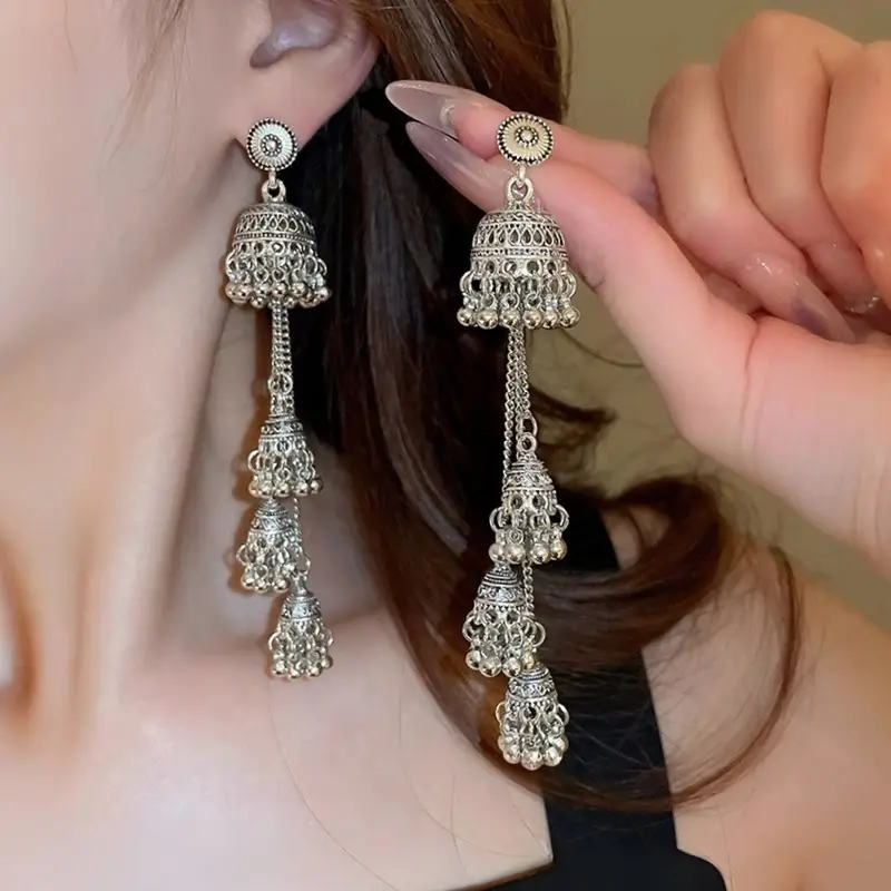 Bohemian Retro Ethnic Style Palace Hong Kong Style Nostalgic Elegant Tassel Bell Pendant Earrings High-End Earrings