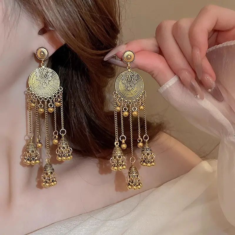 Bohemian Retro Ethnic Style Palace Hong Kong Style Nostalgic Elegant Tassel Bell Pendant Earrings High-End Earrings