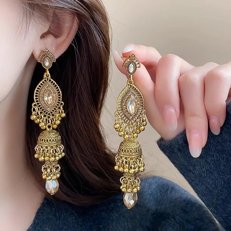 Bohemian Retro Ethnic Style Palace Hong Kong Style Nostalgic Elegant Tassel Bell Pendant Earrings High-End Earrings