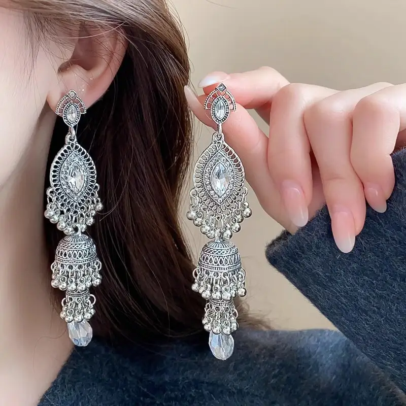 Bohemian Retro Ethnic Style Palace Hong Kong Style Nostalgic Elegant Tassel Bell Pendant Earrings High-End Earrings