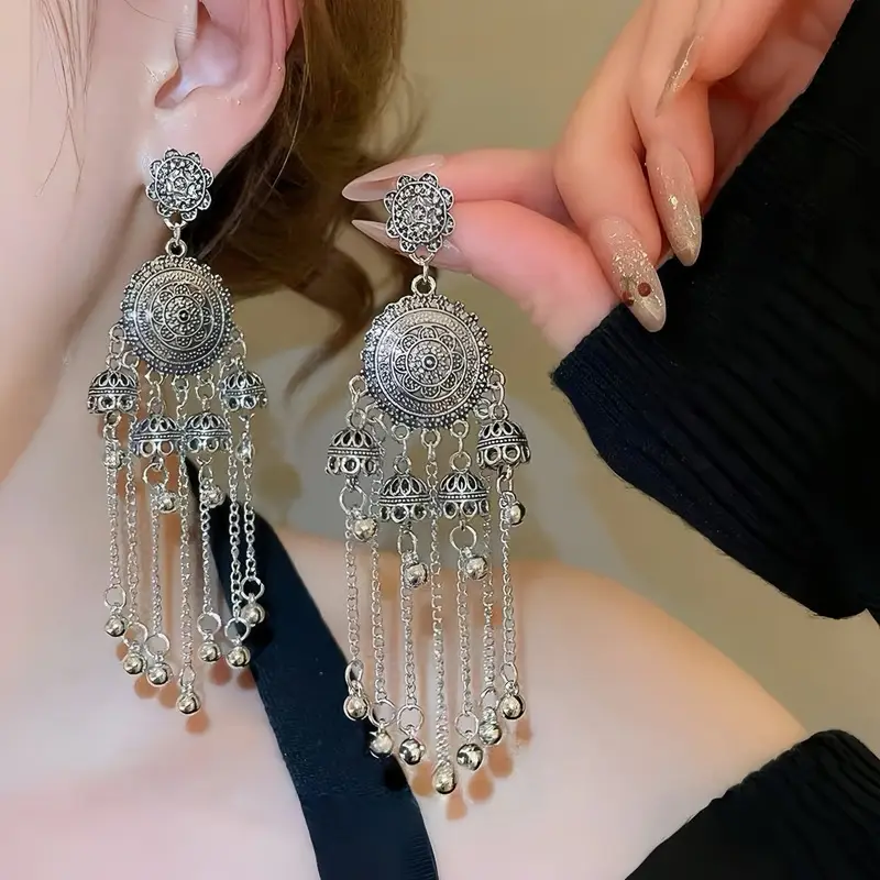 Bohemian Retro Ethnic Style Palace Hong Kong Style Nostalgic Elegant Tassel Bell Pendant Earrings High-End Earrings