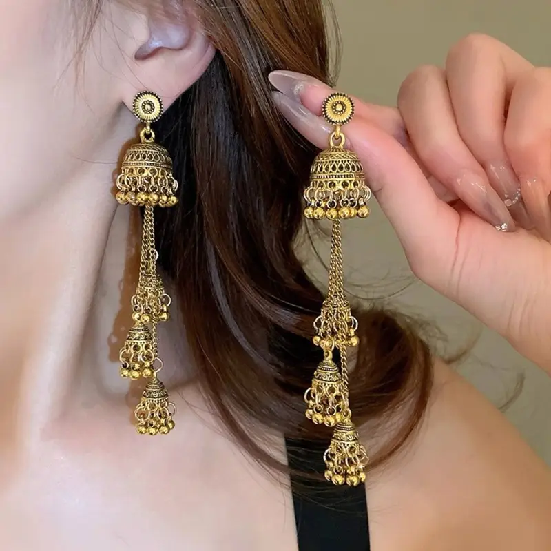 Bohemian Retro Ethnic Style Palace Hong Kong Style Nostalgic Elegant Tassel Bell Pendant Earrings High-End Earrings