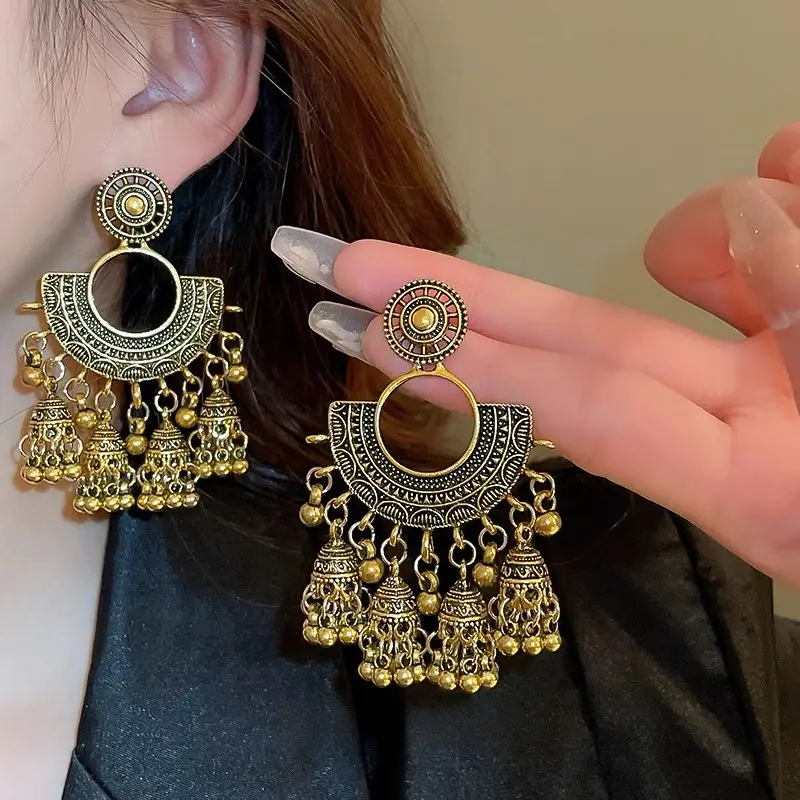 Bohemian Retro Ethnic Style Palace Hong Kong Style Nostalgic Elegant Tassel Bell Pendant Earrings High-End Earrings