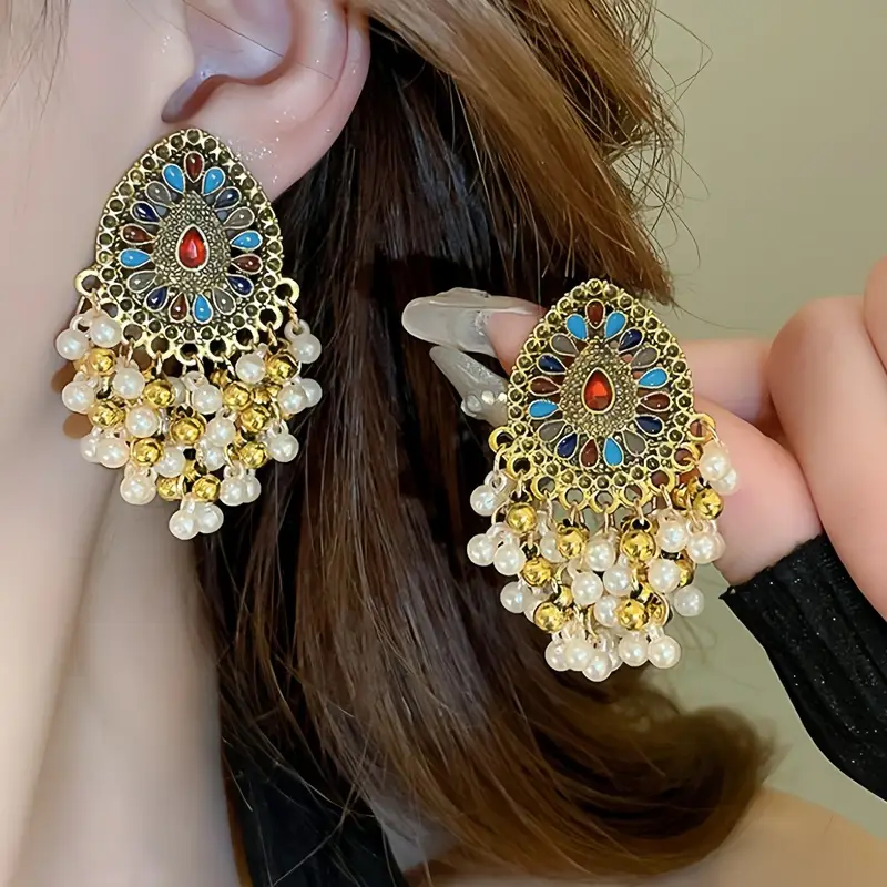 Bohemian Retro Ethnic Style Palace Hong Kong Style Nostalgic Elegant Tassel Bell Pendant Earrings High-End Earrings