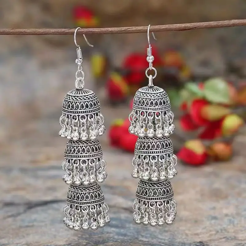 Bohemian Retro Ethnic Style Palace Hong Kong Style Nostalgic Elegant Tassel Bell Pendant Earrings High-End Earrings
