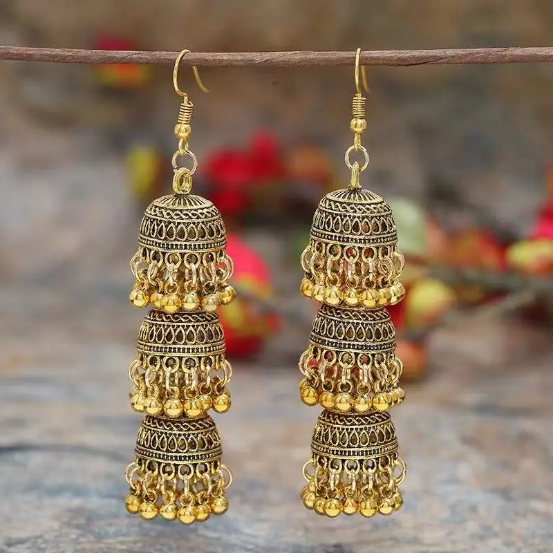 Bohemian Retro Ethnic Style Palace Hong Kong Style Nostalgic Elegant Tassel Bell Pendant Earrings High-End Earrings