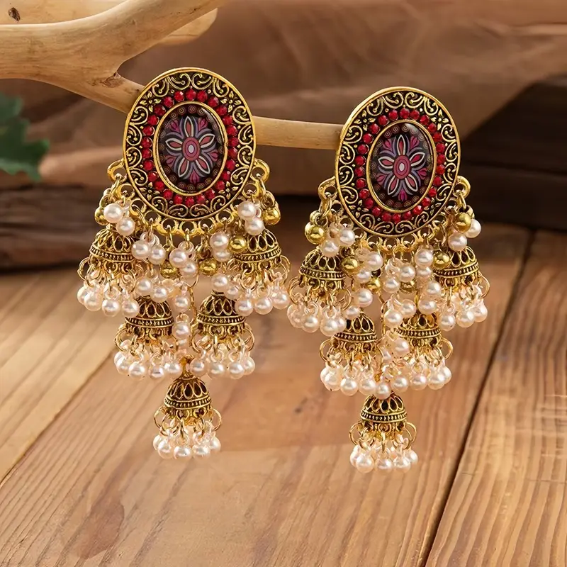 Bohemian Retro Ethnic Style Palace Hong Kong Style Nostalgic Elegant Tassel Bell Pendant Earrings High-End Earrings