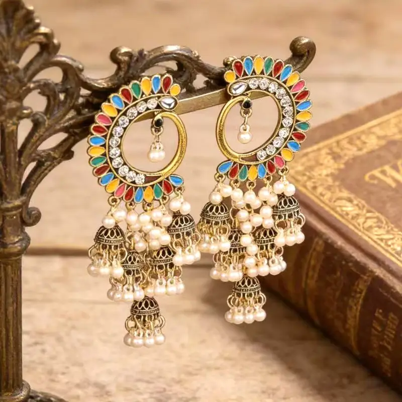 Bohemian Retro Ethnic Style Palace Hong Kong Style Nostalgic Elegant Tassel Bell Pendant Earrings High-End Earrings