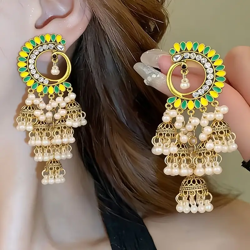 Bohemian Retro Ethnic Style Palace Hong Kong Style Nostalgic Elegant Tassel Bell Pendant Earrings High-End Earrings