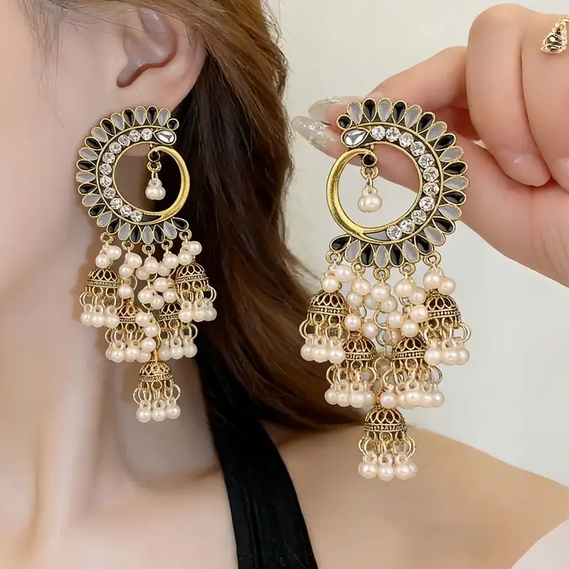 Bohemian Retro Ethnic Style Palace Hong Kong Style Nostalgic Elegant Tassel Bell Pendant Earrings High-End Earrings