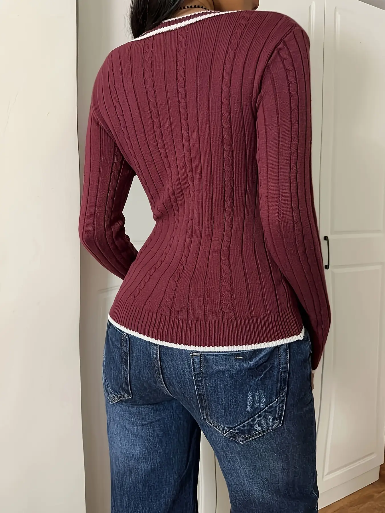 White Knitted V-Neck Sweater for Women
