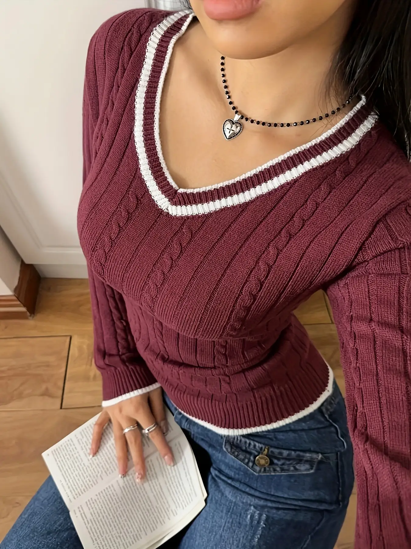 White Knitted V-Neck Sweater for Women