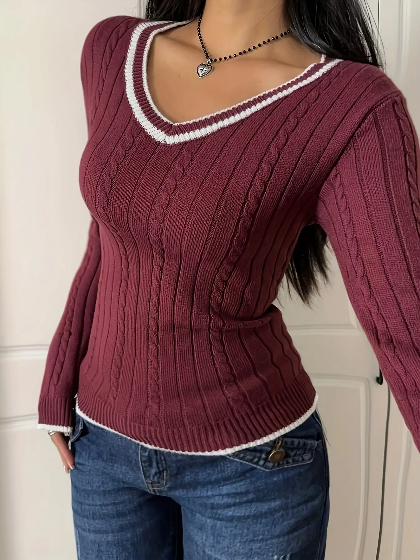 White Knitted V-Neck Sweater for Women