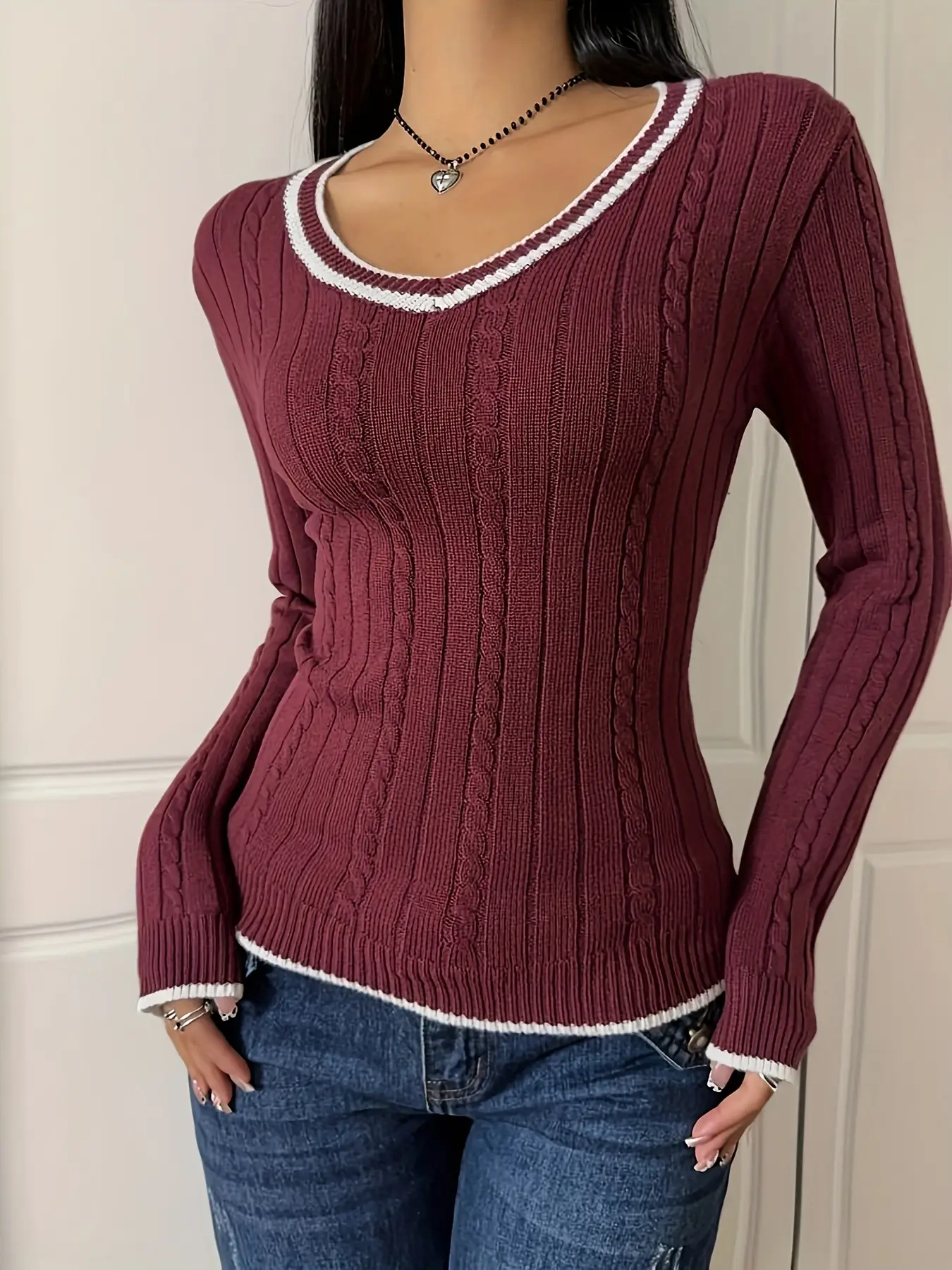 White Knitted V-Neck Sweater for Women