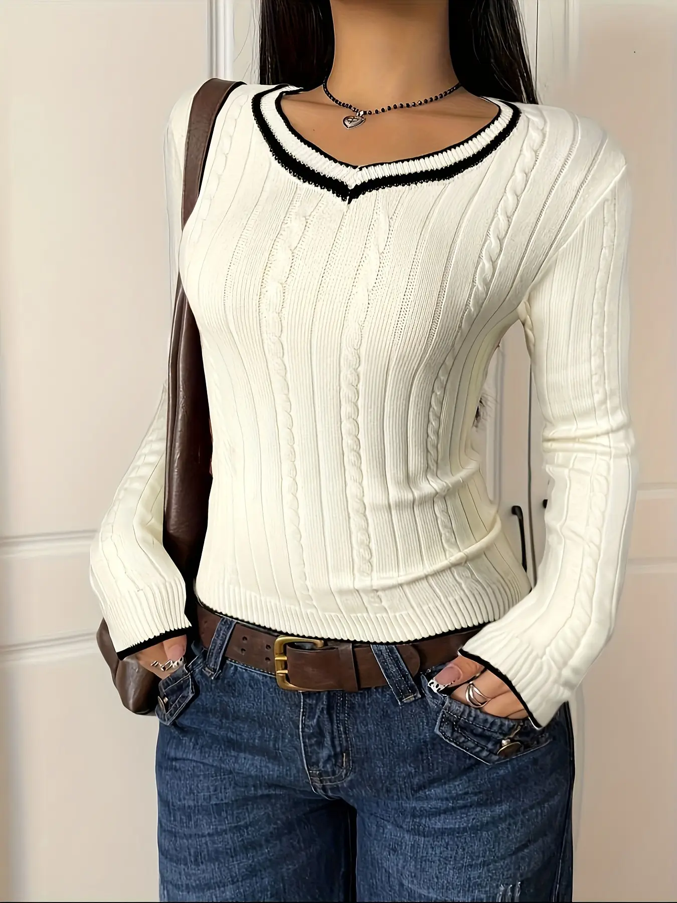 White Knitted V-Neck Sweater for Women