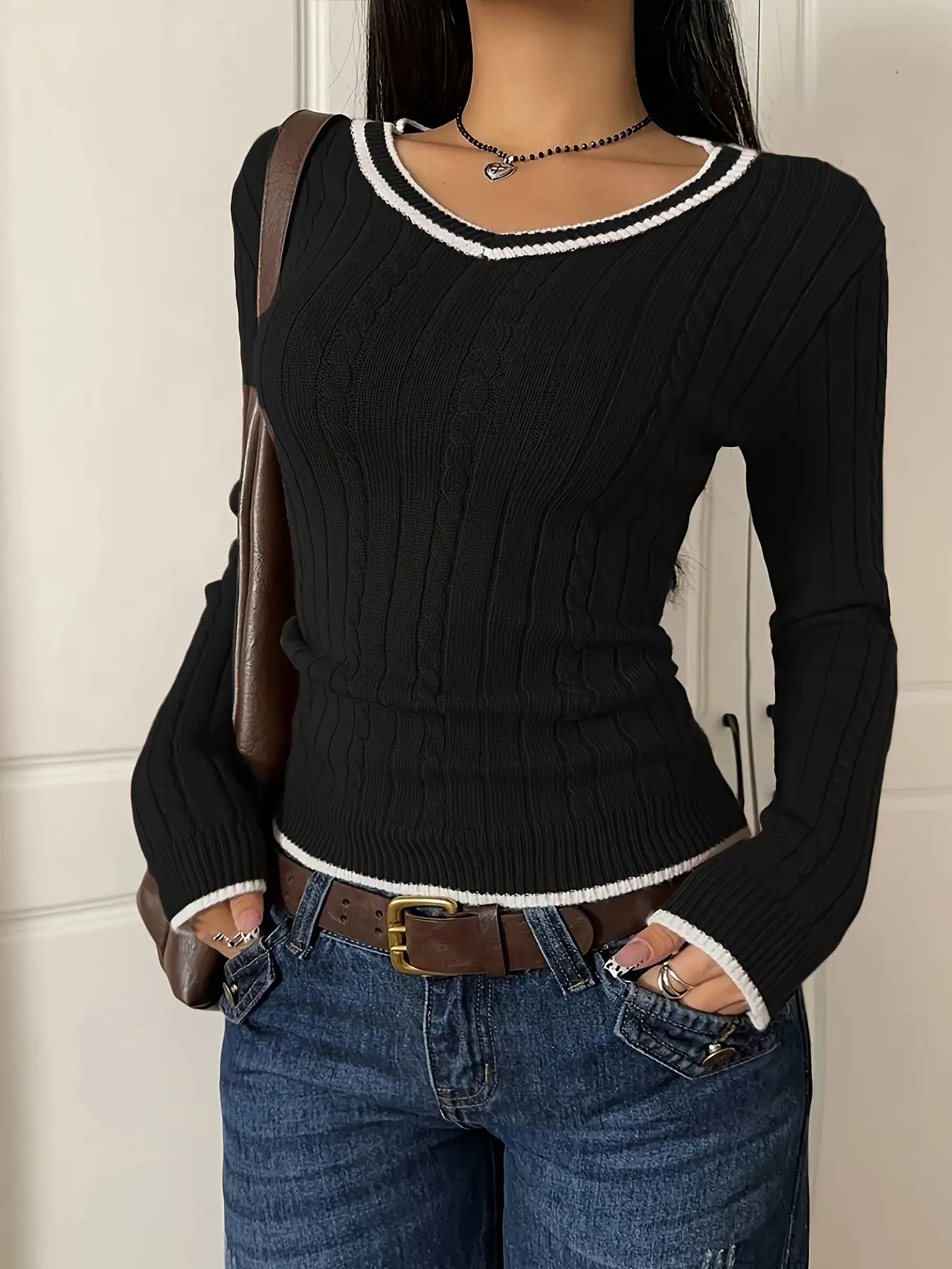 White Knitted V-Neck Sweater for Women