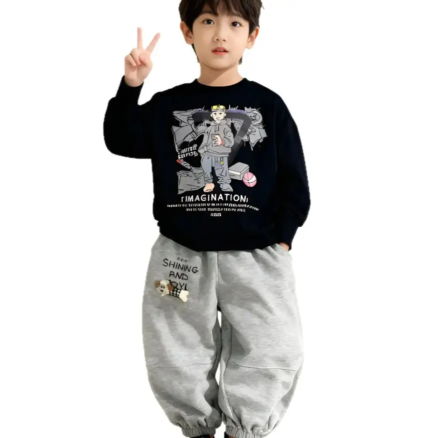 Kids Cotton Graphic T-Shirt & Sweatpants Set Spring Autumn Boys - Image 9