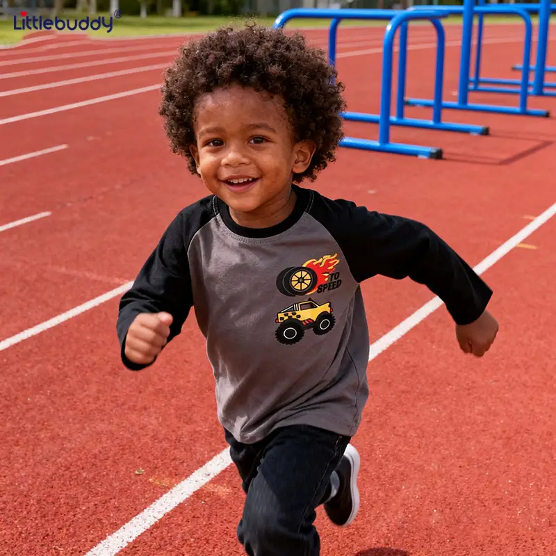 Kids Round Neck Long Sleeve T-Shirt Gray Black Car Print - Image 3
