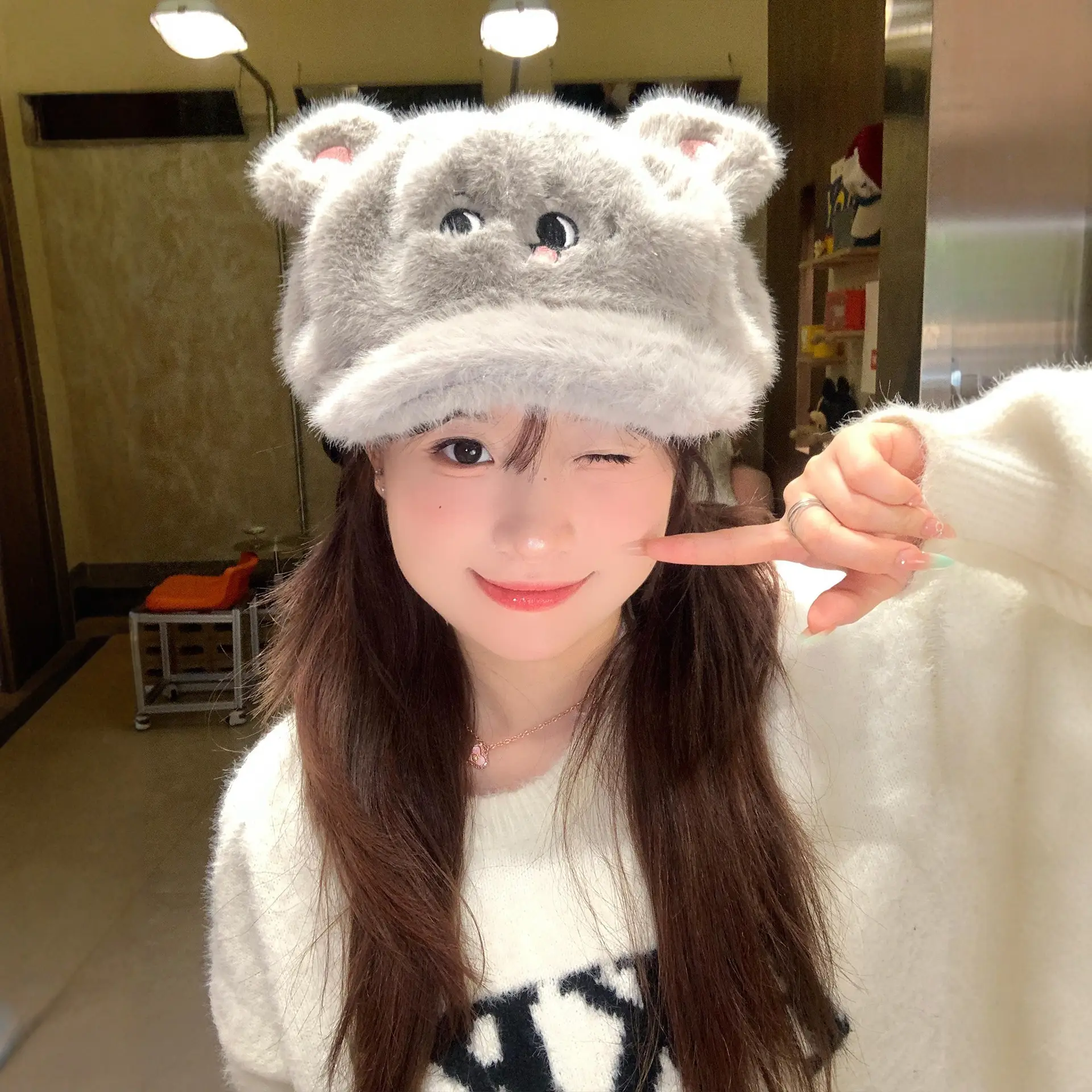 Women Plush Cartoon Mouse Hat for Winter Warm Face Cover - Image 4