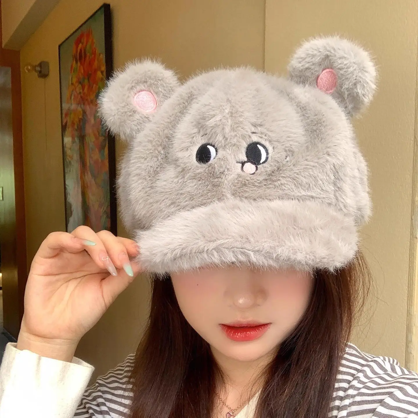 Women Plush Cartoon Mouse Hat for Winter Warm Face Cover — feature 1