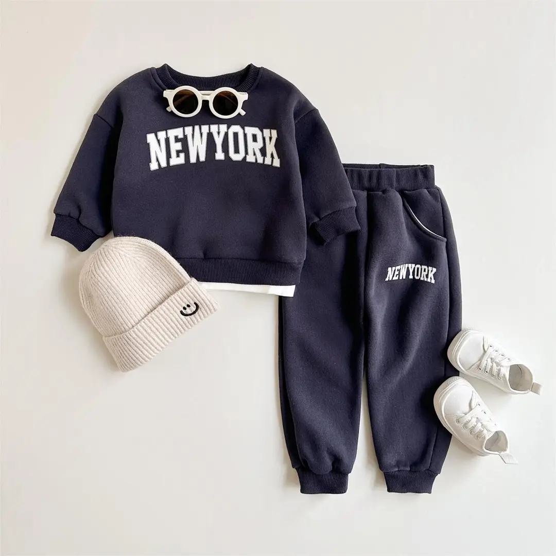 Baby Boys' Letter Print Fake Two-Piece Long-Sleeved Sweatshirt Plus Sports Trousers Fleece Thick Autumn and Winter Two-Piece Set