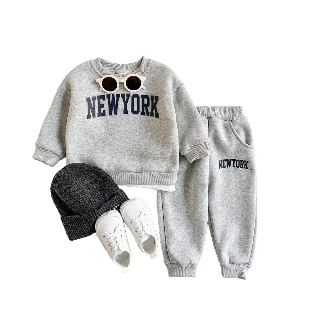 Baby Boys' Letter Print Fake Two-Piece Long-Sleeved Sweatshirt Plus Sports Trousers Fleece Thick Autumn and Winter Two-Piece Set