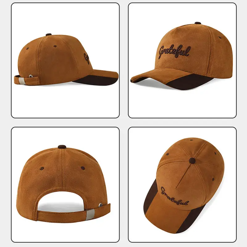 Brown Retro Suede Baseball Cap with Embroidered Design - Image 3