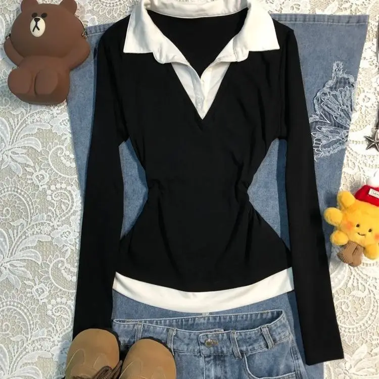 Black V-Neck Slimming Long Sleeve T-Shirt for Women - Image 5