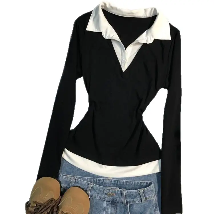 Black V-Neck Slimming Long Sleeve T-Shirt for Women - Image 7