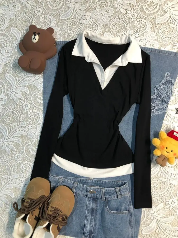 Black V-Neck Slimming Long Sleeve T-Shirt for Women — feature 11
