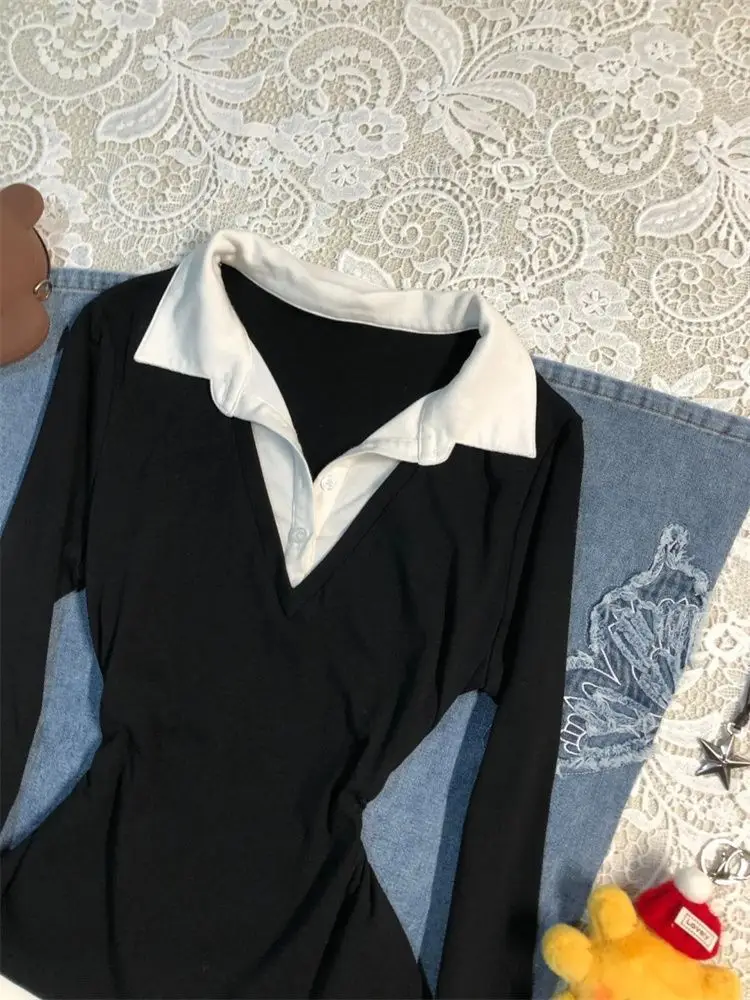 Black V-Neck Slimming Long Sleeve T-Shirt for Women — feature 5