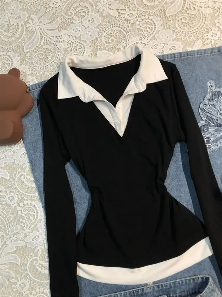 Black V-Neck Slimming Long Sleeve T-Shirt for Women — feature 8