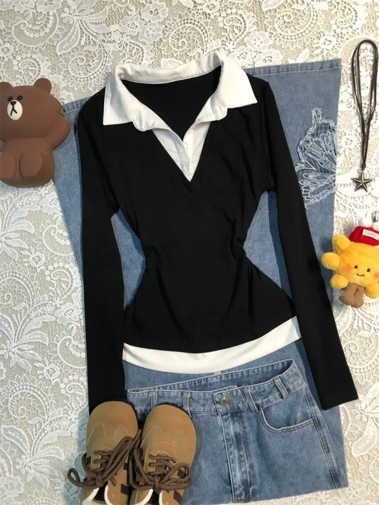Black V-Neck Slimming Long Sleeve T-Shirt for Women — feature 9