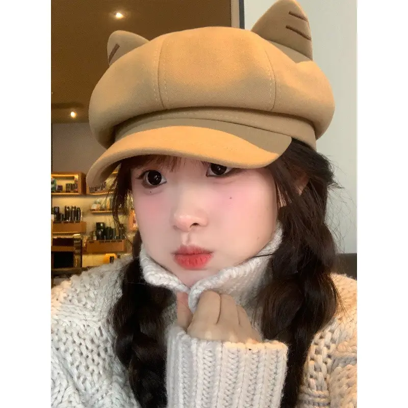 Cute Cat Ear Wool Beret for Women Autumn Winter Face Slimming Newsboy Cap Large Head Circumference - Image 4