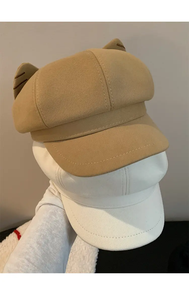 Cute Cat Ear Wool Beret for Women Autumn Winter Face Slimming Newsboy Cap Large Head Circumference — feature 11
