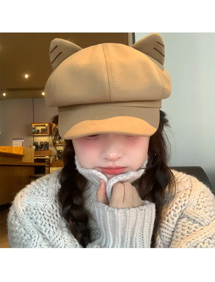 Cute Cat Ear Wool Beret for Women Autumn Winter Face Slimming Newsboy Cap Large Head Circumference — feature 9