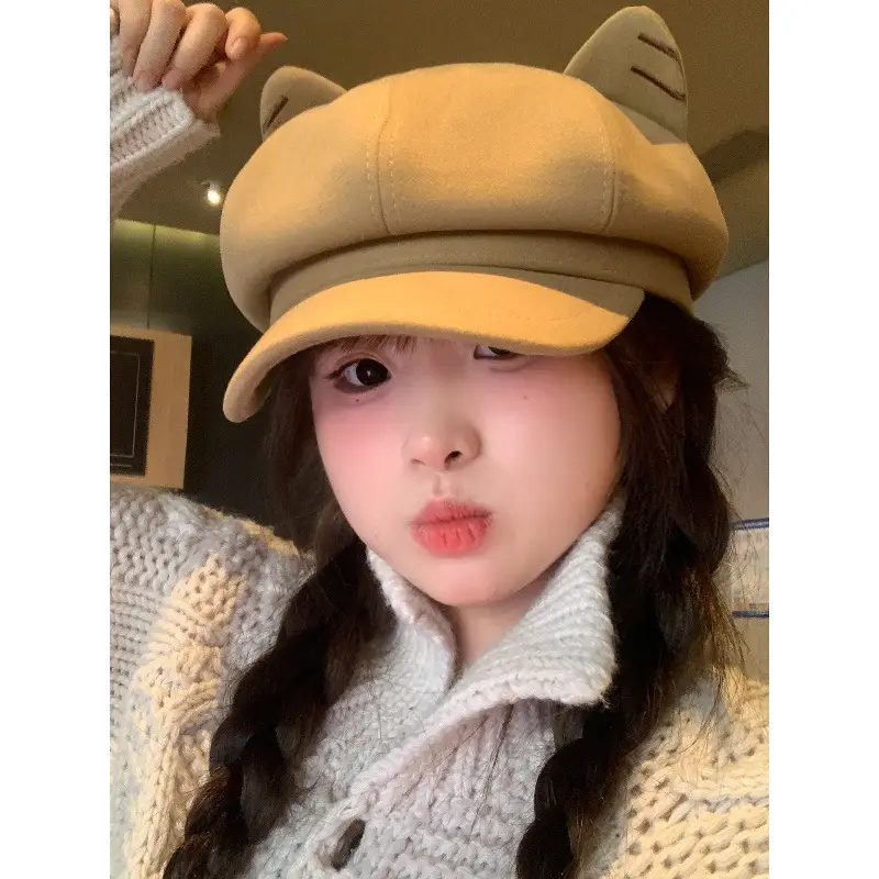 Cute Cat Ear Wool Beret for Women Autumn Winter Face Slimming Newsboy Cap Large Head Circumference - Image 5