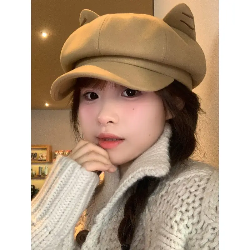 Cute Cat Ear Wool Beret for Women Autumn Winter Face Slimming Newsboy Cap Large Head Circumference - Image 6