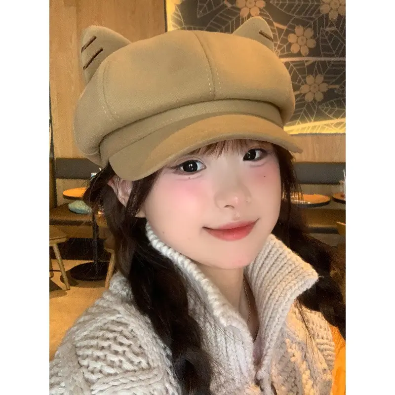 Cute Cat Ear Wool Beret for Women Autumn Winter Face Slimming Newsboy Cap Large Head Circumference - Image 7
