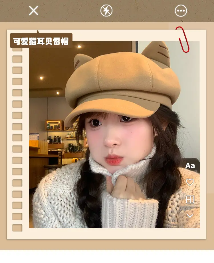 Cute Cat Ear Wool Beret for Women Autumn Winter Face Slimming Newsboy Cap Large Head Circumference — feature 1