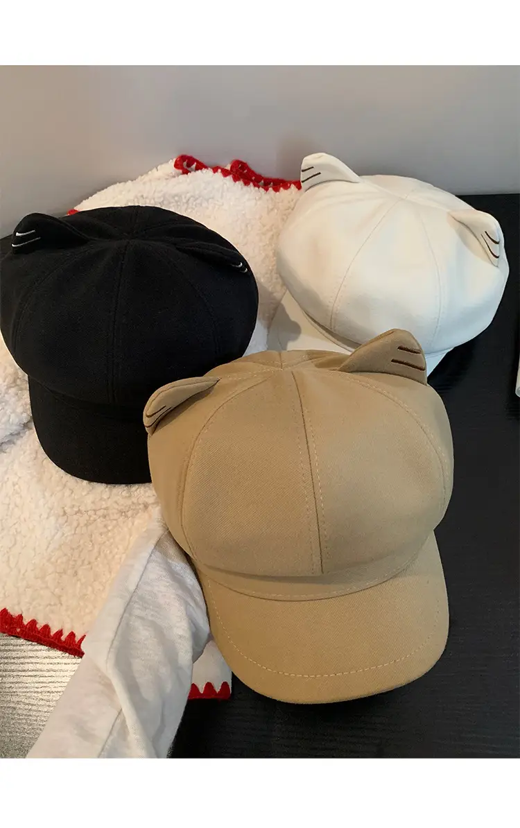 Cute Cat Ear Wool Beret for Women Autumn Winter Face Slimming Newsboy Cap Large Head Circumference — feature 12