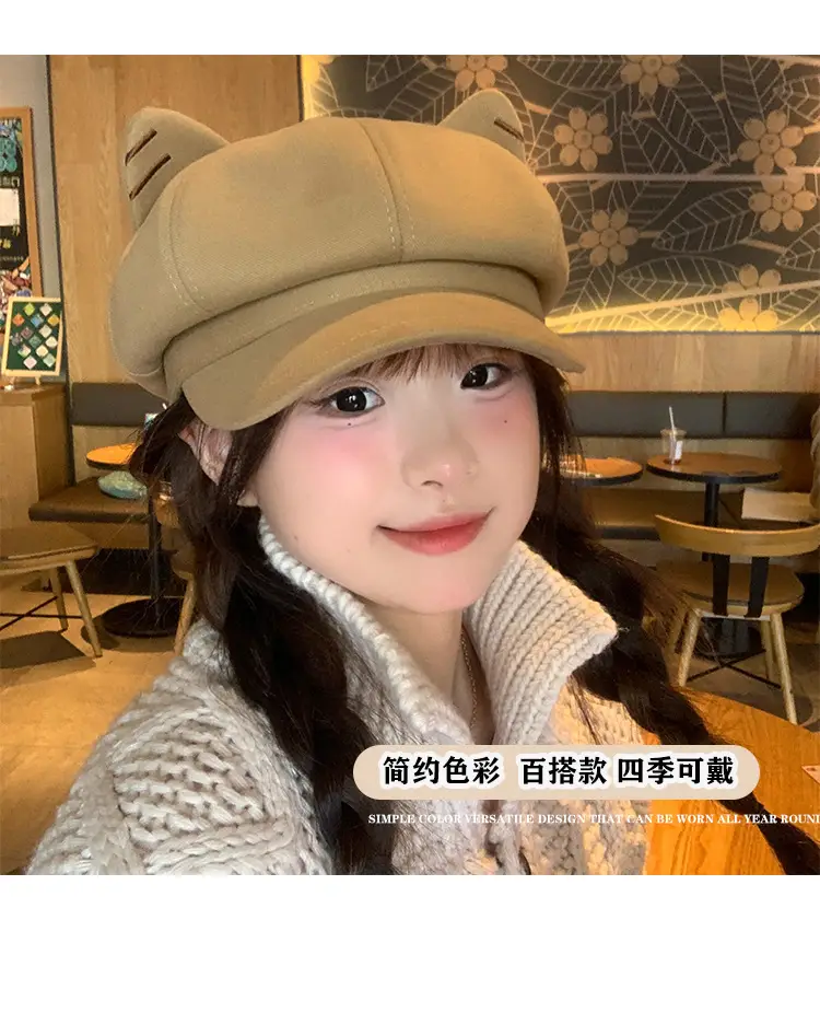 Cute Cat Ear Wool Beret for Women Autumn Winter Face Slimming Newsboy Cap Large Head Circumference — feature 7